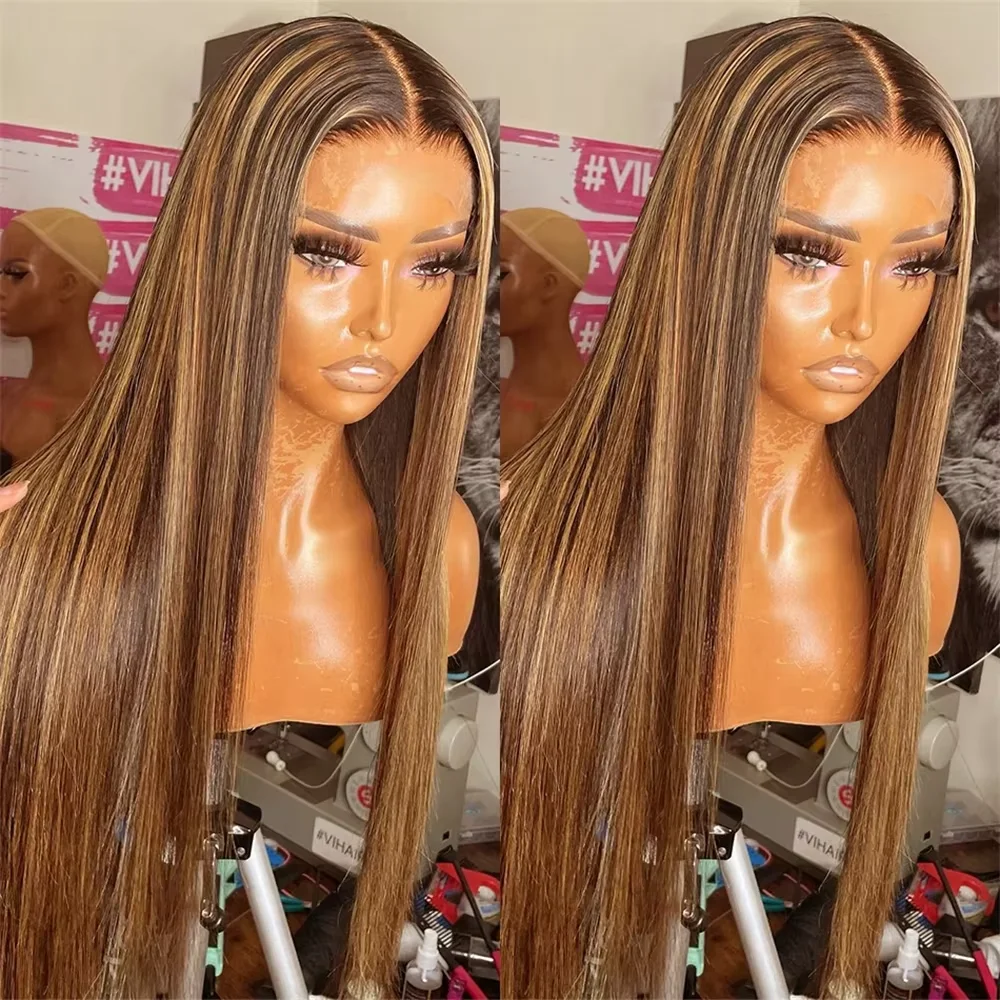 Ombre Highlight Brown Straight Lace Front Wig 13x4 Lace Frontal Human Hair Wigs For Women Pre Plucked Honey Blonde Colored Wigs