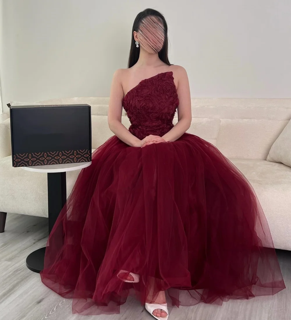 

Customized Burgundy Modern Style Retro Tulle Handmade Flower A-line Strapless Long Dresses Evening Dresses High Quality Retro