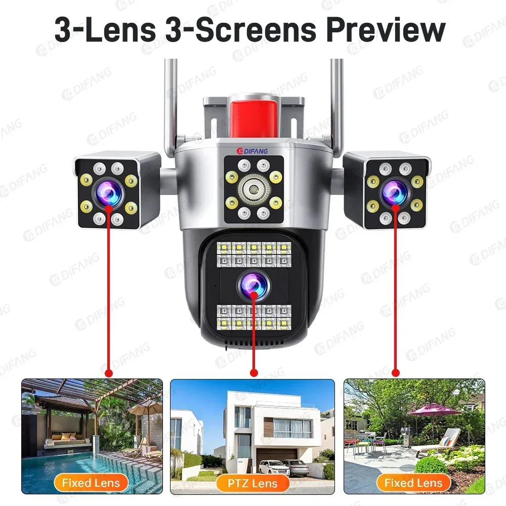 15MP Ultra HD 8K WiFi Camera Waterproof Outdoor Three Screen Three Lens Detection Automatic Tracking Security Monitoring IP CCTV