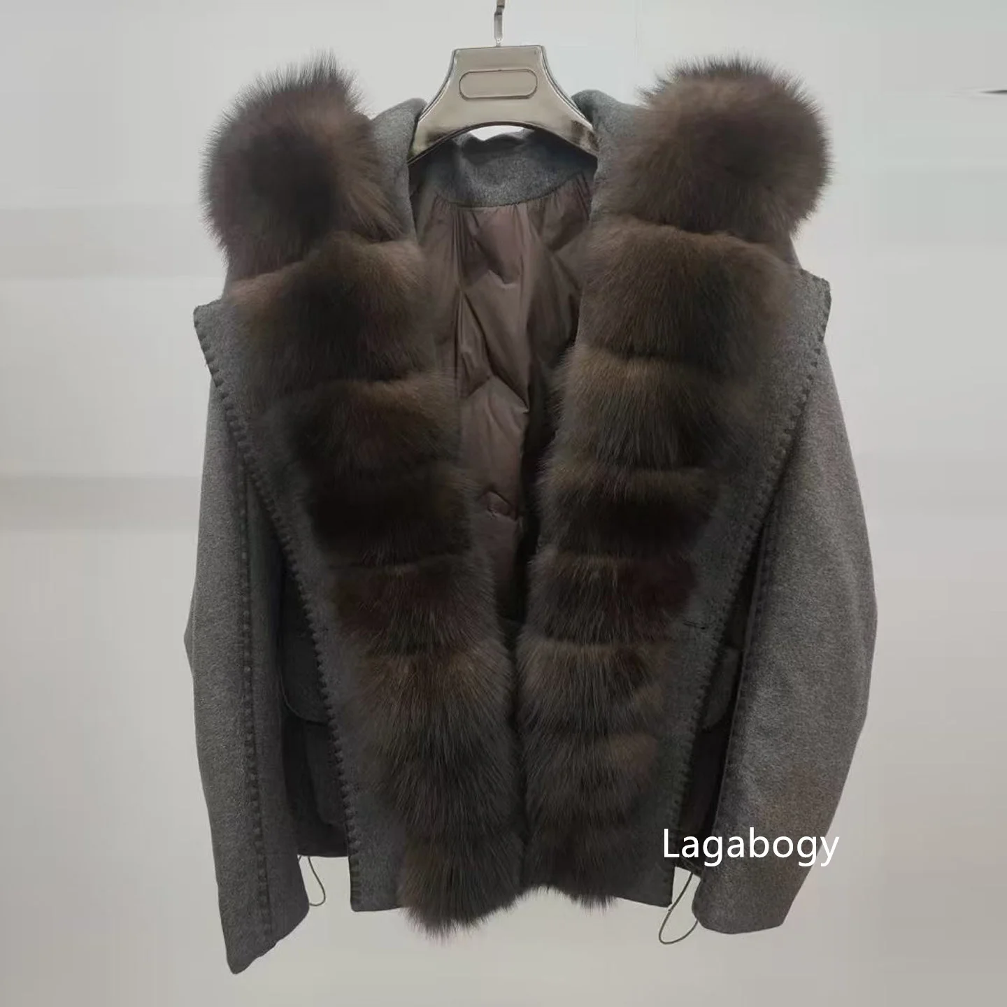 Lagabogy Luxury Real Fur Duck Down Clothes Overszie Women Wool Blend Puffer Jacket With Real Fox Fur Collar New Winter Warm Coat