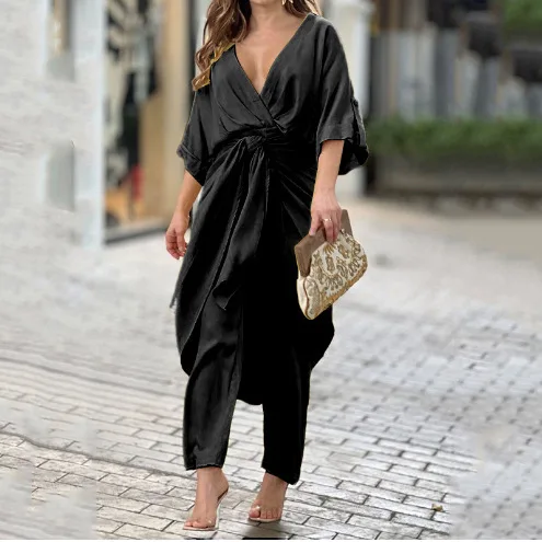 

Faionable Casual Batwing Sve Color Straight Leg Pants Set Women's Cross-Border Clothing Polyester Commute Sle