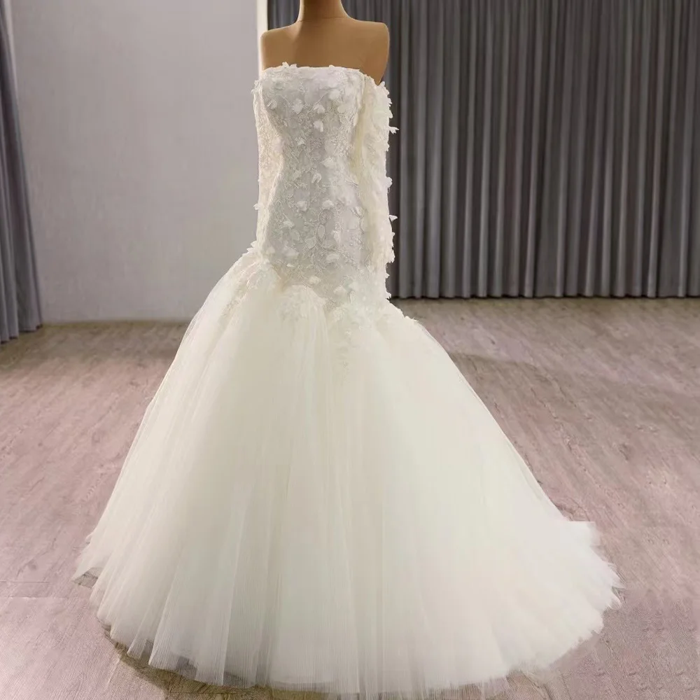Princess Style Strapless Wedding Dress With Long Sleeves Lace-Up Back Embroidery Appliques 2026 Long Vestidos De Novia