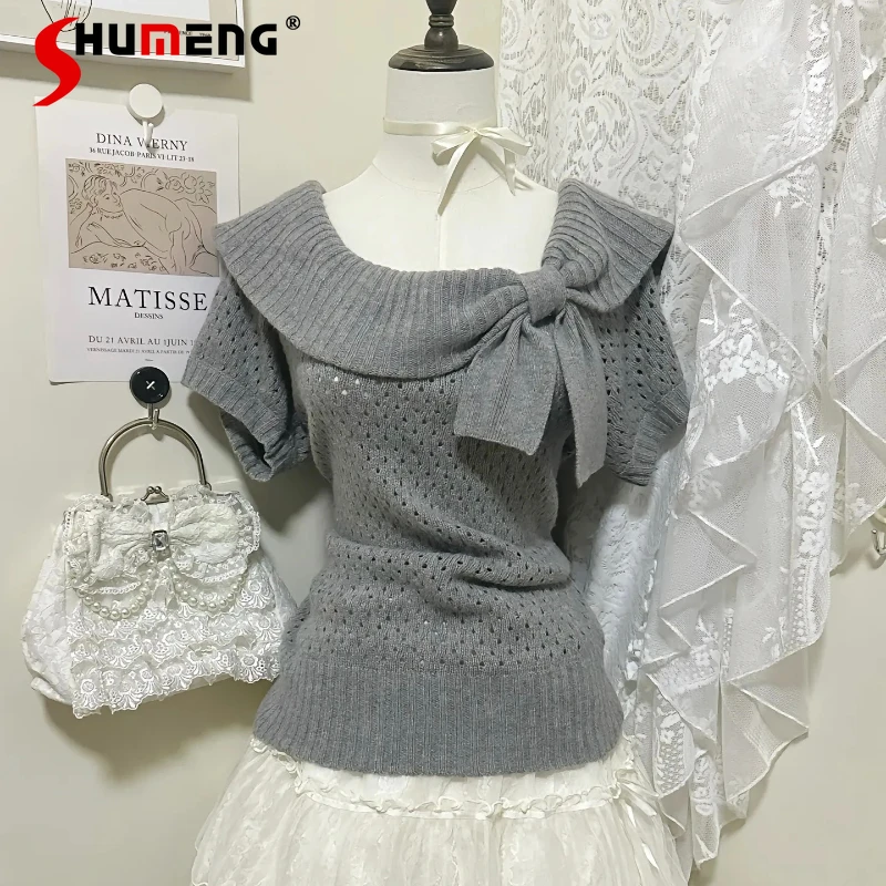 

Cute Japanese Style Gray Bowknot Knitted Sweater 2024 Spring Summer New Gentle Sweet Short Puff Sleeve Knit Top Sueter Mujer