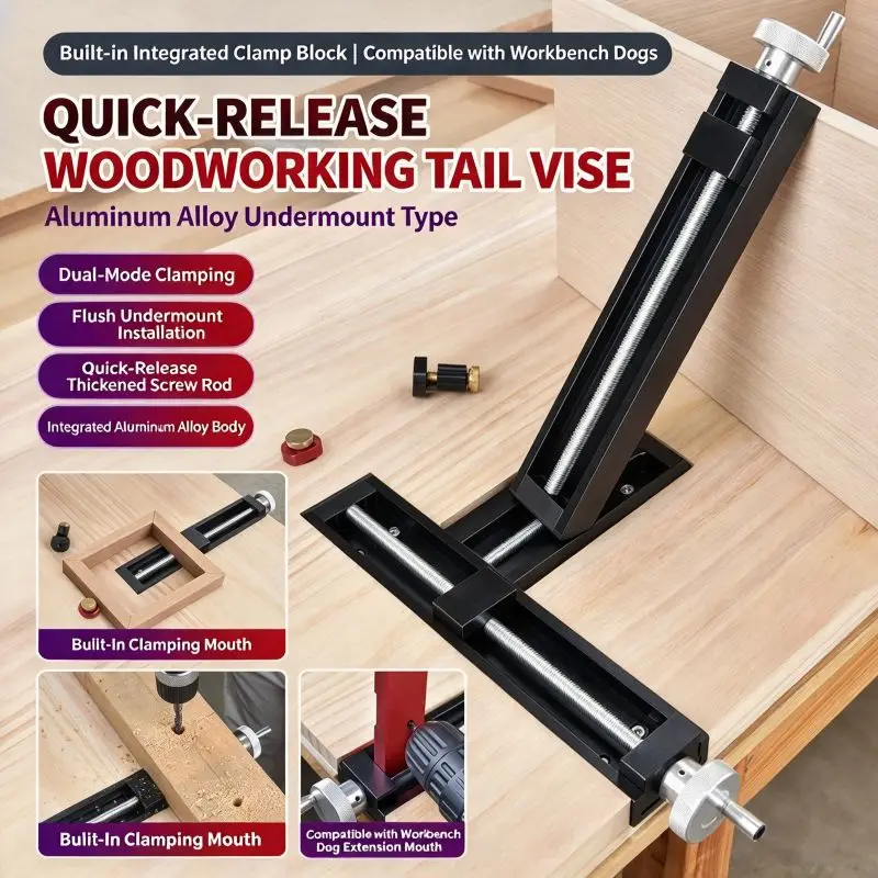 Aluminum Alloy Woodworking Bench Tail Vise End Vise, Heavy Duty Workbench Clamping System for Professional Secure Board Clamping
