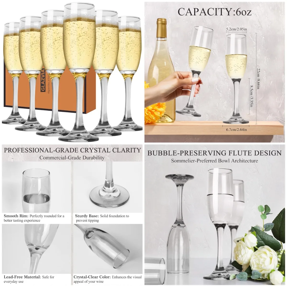 

Champagne Flutes Set of 6, 6oz Crystal Clear Long Stem Glasses for Wedding, Anniversary, Party, Home Bar
