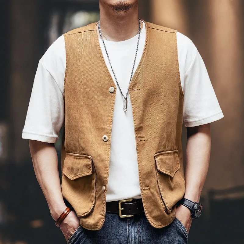 

Men's Vintage Denim Vest Fall Winter 2025 Loose Fit Workwear Trucker Jacket Casual Street Style Outerwear