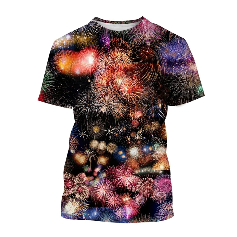 Brilliant Fireworks T-shirt Men's Clothing O Neck Short Sleeves T Shirts 3D Printed Pattern Casual Fashion Street Harajuku Tees