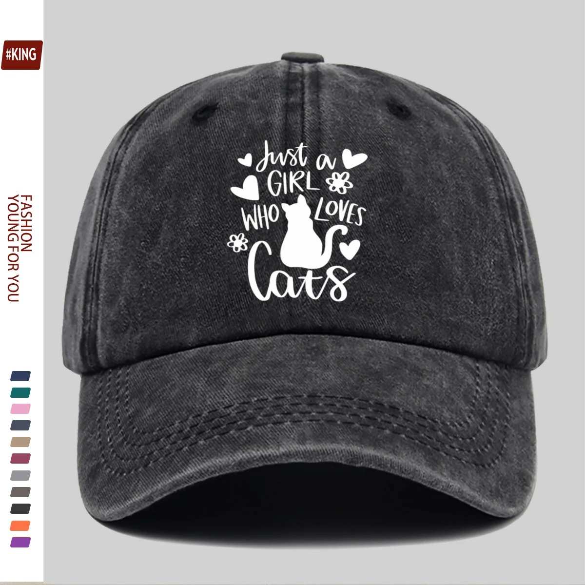 Baseball Cap with Text and Cat Silhouette Print, Featuring Heart and Floral Elements Fashionable and Simple. Unisex, Trucker Hat Style, Casual Hat Style