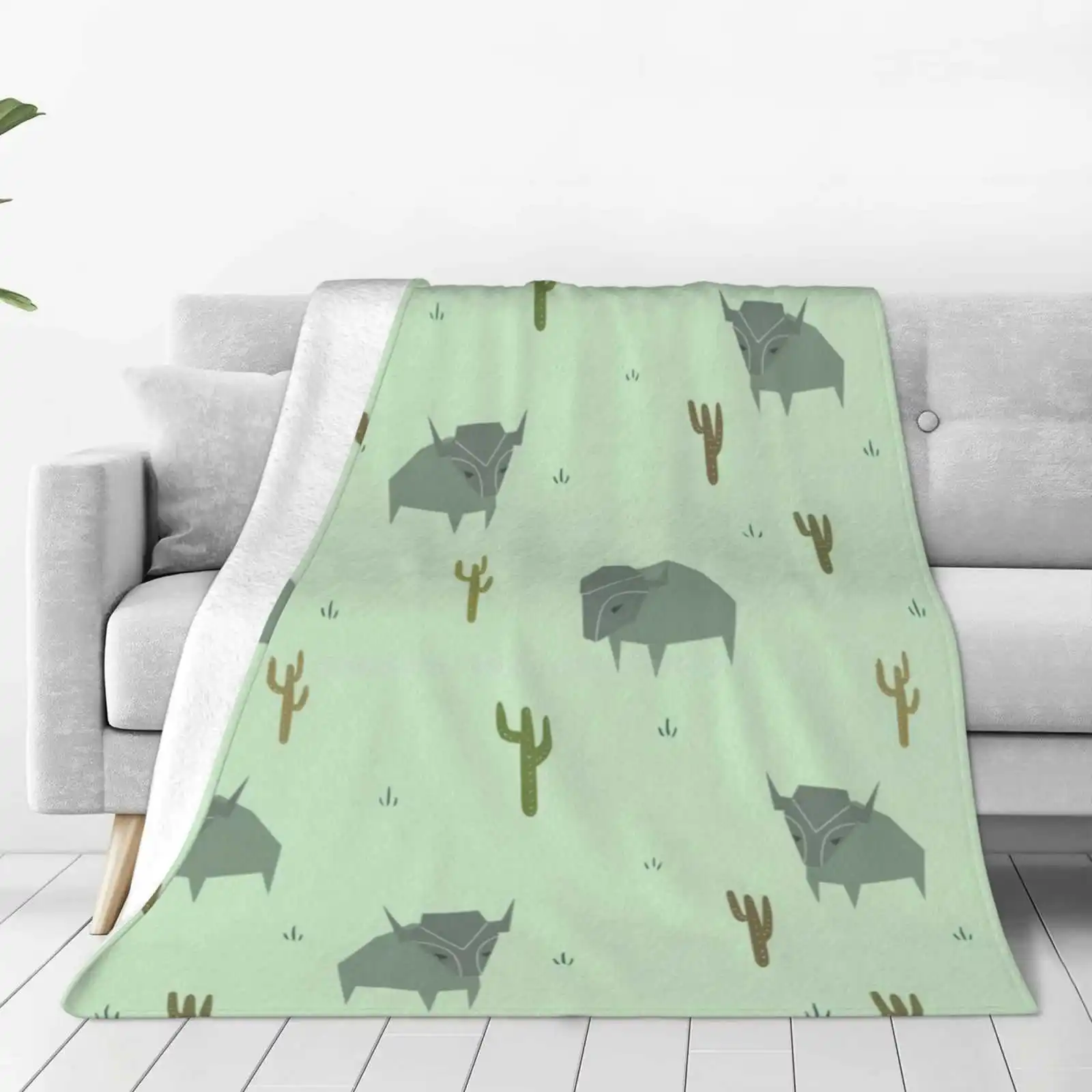 Bison Pattern Pistachio Blanket Soft Warm Travel Portable Blanket Bison Pattern Wild West Cactus Cacti Grass Pistachio Mint