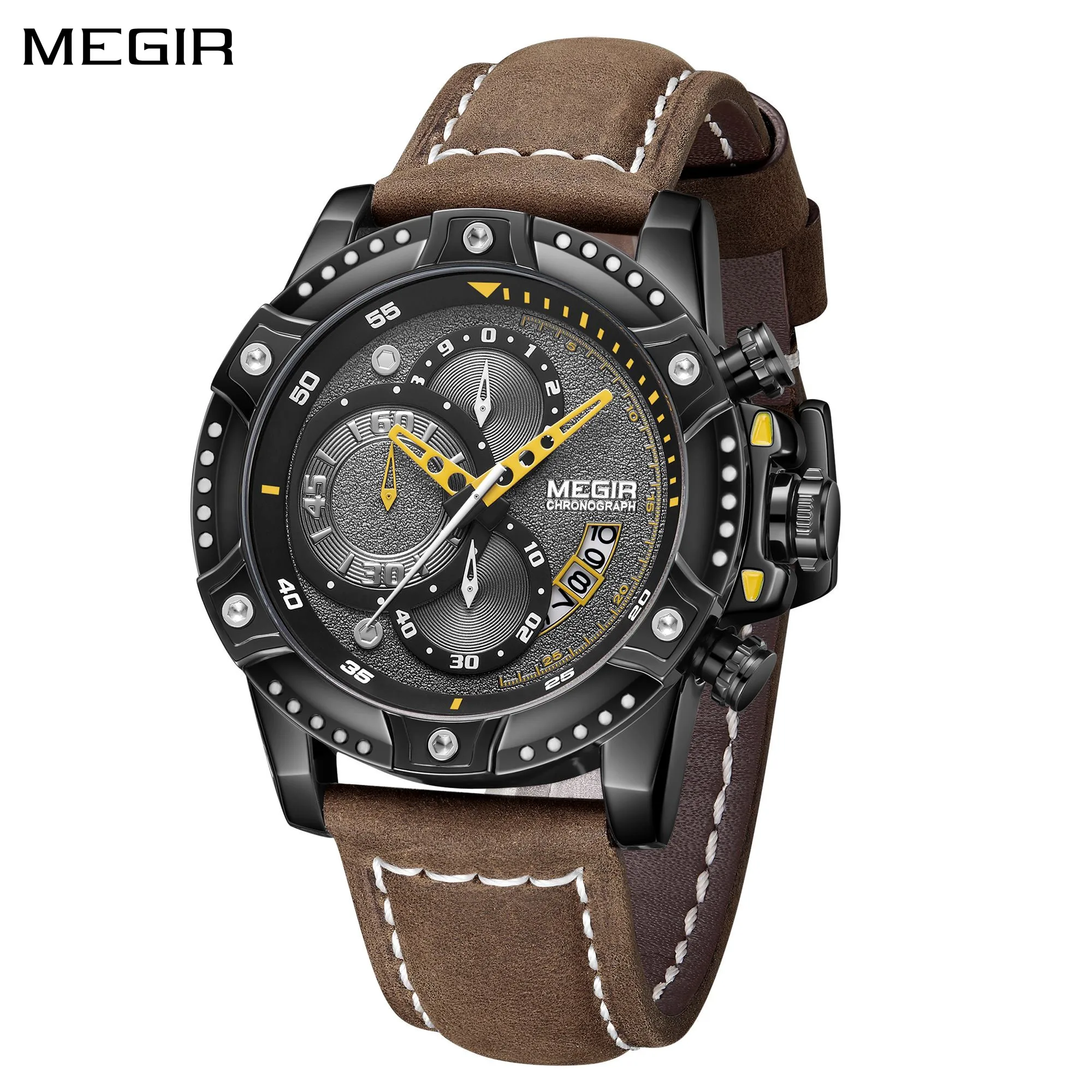 MEGIR Reloj Hombre Fashion Mens Watch Chronograph Leather Belt Casual Quartz Wristwatch Waterproof Male Sport Clock Montre Homme