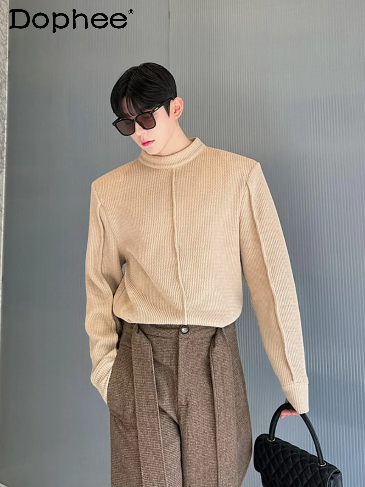 

2024 Men's Autumn Winter Stand Collar Versatile Knitted Sweaters Splicing Handsome Pullover Men's Trendy Shoulder Padded Sweater