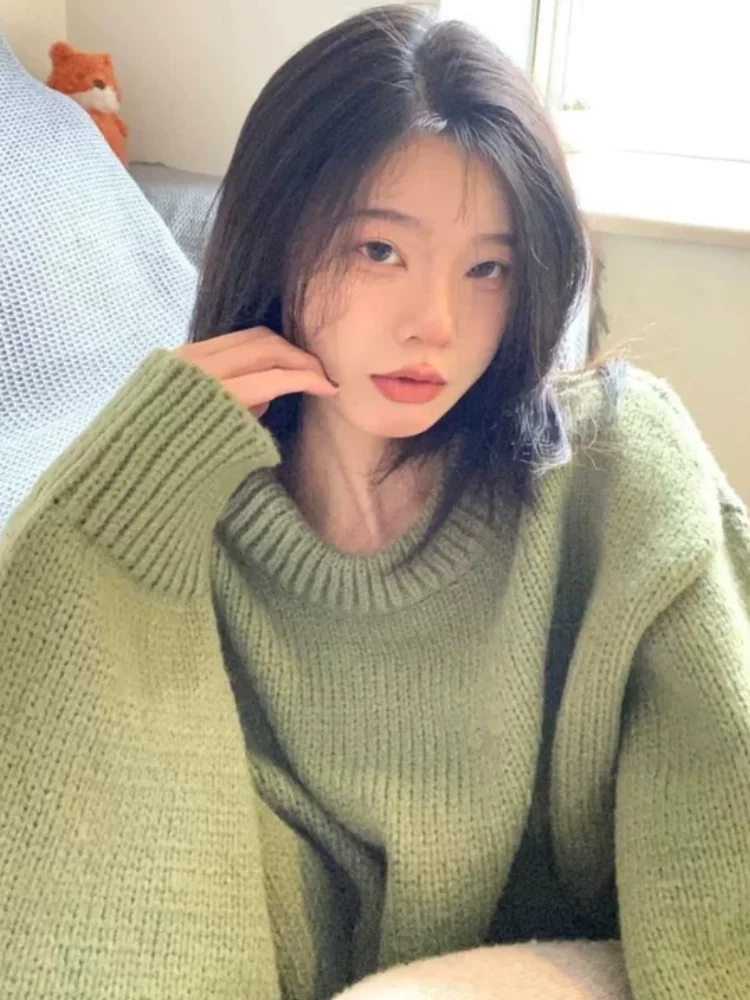 Japanse retro damestrui met ronde hals voor herfst en winter dames losse en dikke gebreide damestops met lange mouwen