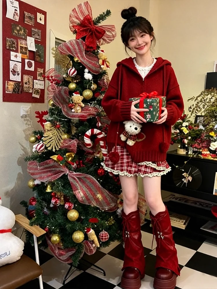 Cisas Red Knitted Hat Women's Dr Set Autumn Winter Aosphere Sensation Cheered ter Dr Matching Hat Outfit