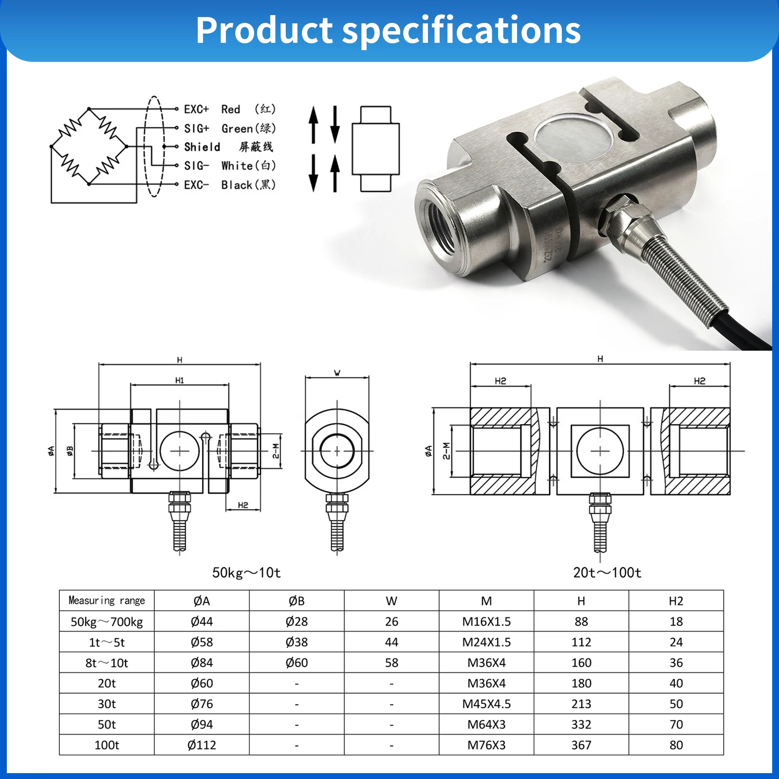 Load Cell Sensors Column S Type Test Tension and Pressure Force Weight Sensor Adapts HX711-200/300/500/700KG - 1/2/3/5/10T