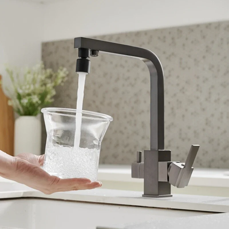 

Kitchen direct drinking purified water faucet, cold and hot brass black mixed water, three in one household brushed vegetable