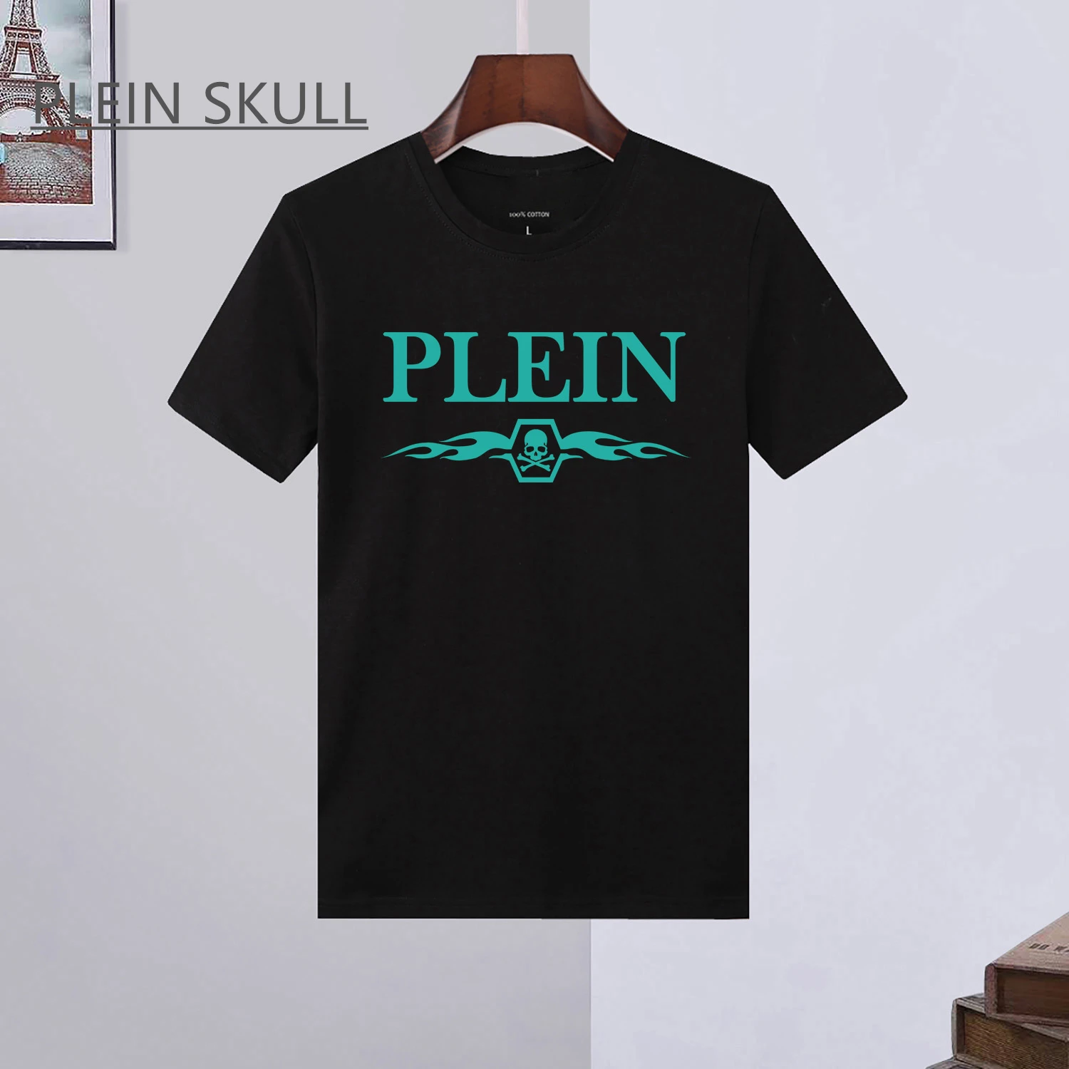 

Легкая мужская футболка PLEIN SKULL, классическая летняя футболка в стиле ретро, готический панк-вечеринка, топ с короткими рукавами, круглая спортивная футболка унисекс с воротником