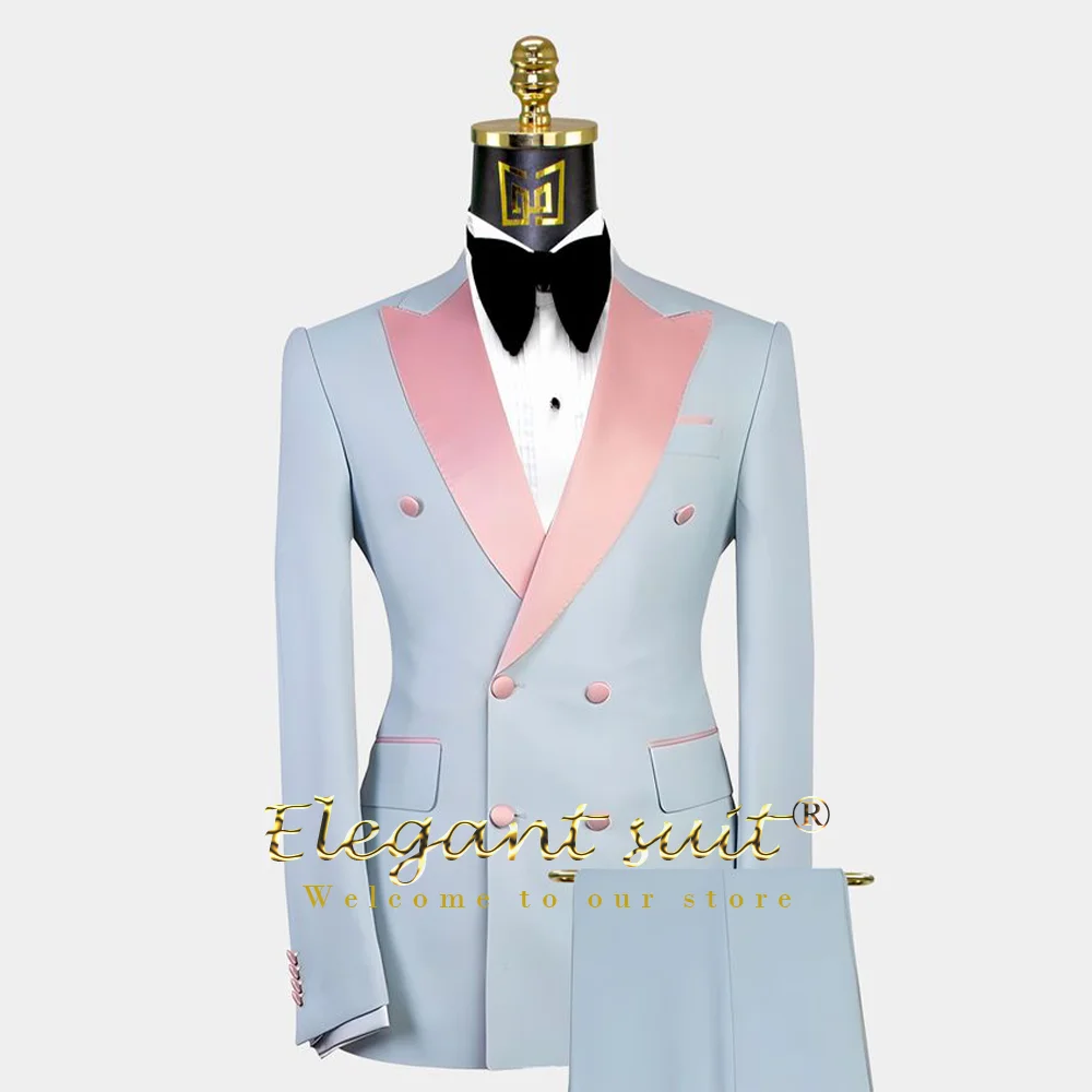 Men\'s stylish pink satin peaked collar double-breasted suit 3-piece suit (jacket, vest and trousers) custom groom banquet suit