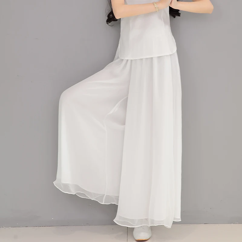 2024 Summer New White Wide Leg Pants Women Vintage Solid Loose Chiffon Lady Elegant Trousers Pants Top Quality