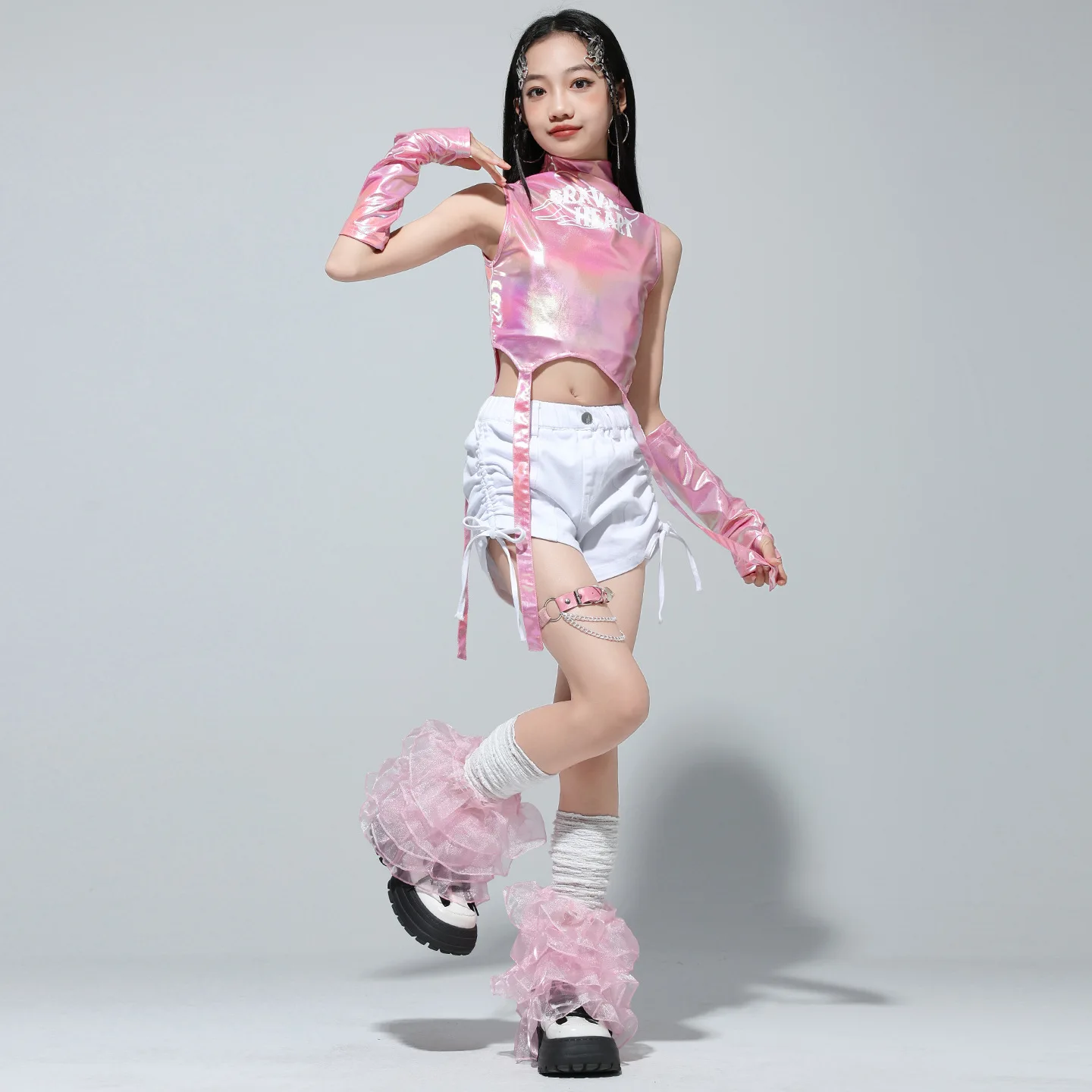 Vêtements Hip Hop pour enfants, rose Laser, sangle de cou simulée, débardeur court, short de rue blanc avec cordon de serrage pour filles, vêtements de Costume de danse Jazz