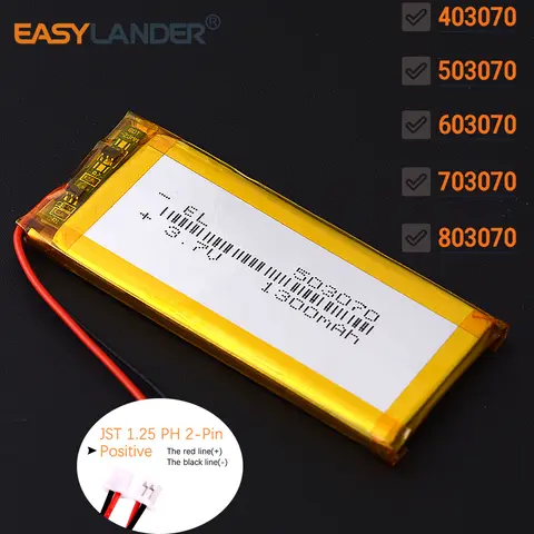 JST1.25 2P 503070 3.7V 1300mAh 리튬 이온 폴리머 배터리 483070 배터리 403070 603070 703070 803070