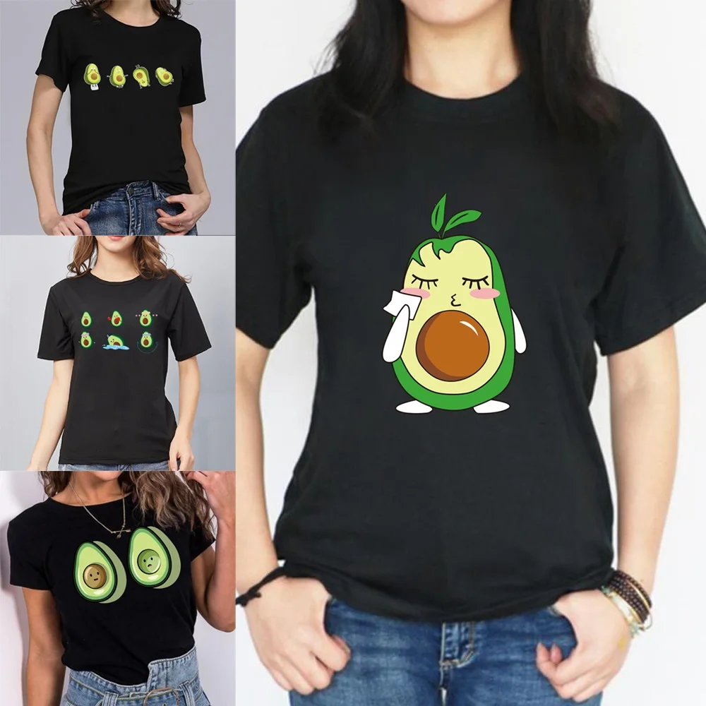 T Shirt Ladies Round Neck Tee Short Sleeve Black Simple Avocado Print Summer Fashion Casual Women Top T Shirt