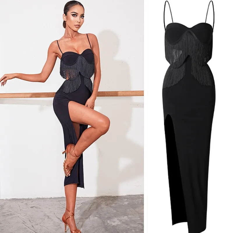 Robe Longue Noire à Franges pour Compétition Latine, Sexy, Tango, Salsa, Cha, Cha, Samba, Régions ba, 2226