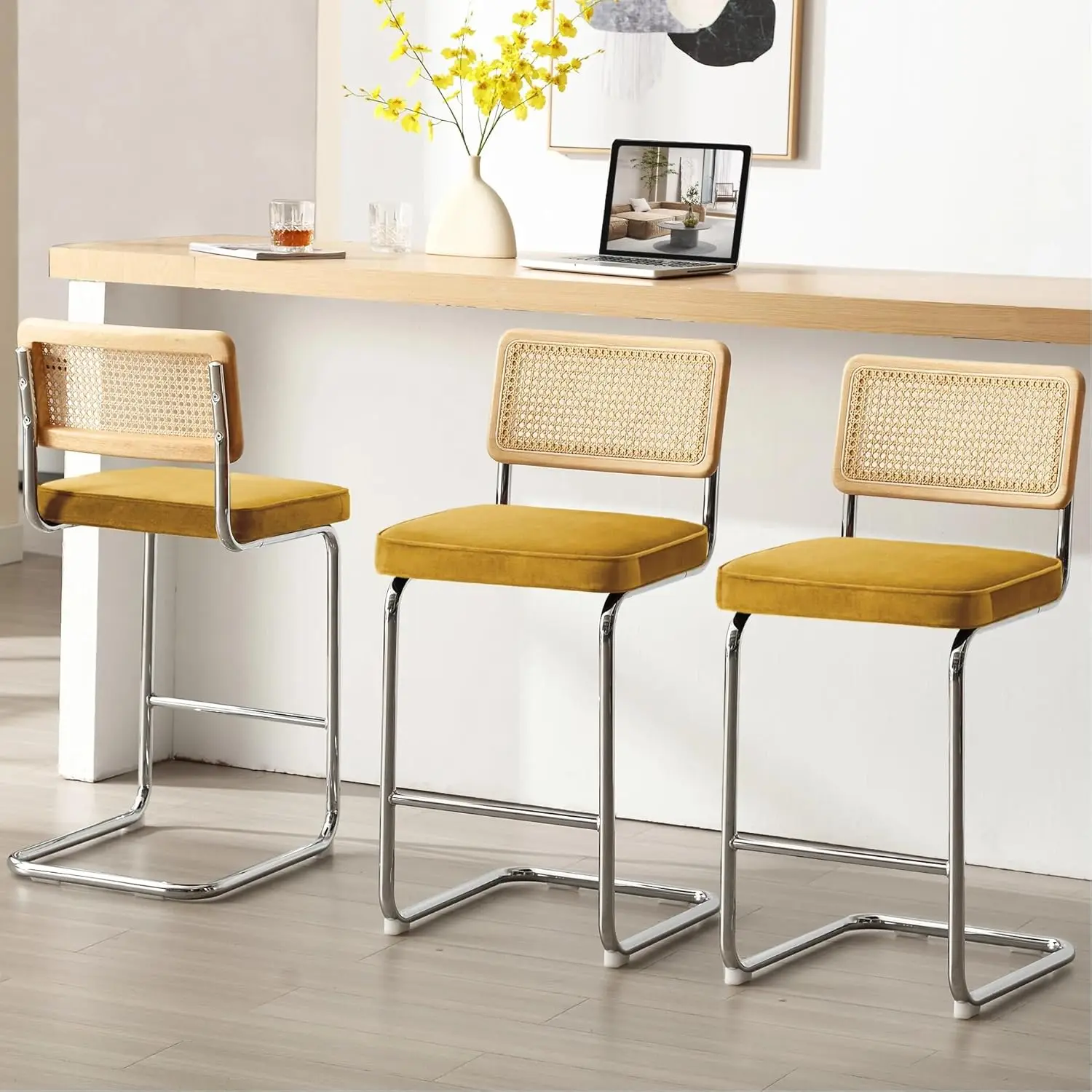 Rattan Counter Stool 26in Mid Century Velvet Wood Frame Chrome Base Kitchen Island Yellow Set 3 Customized