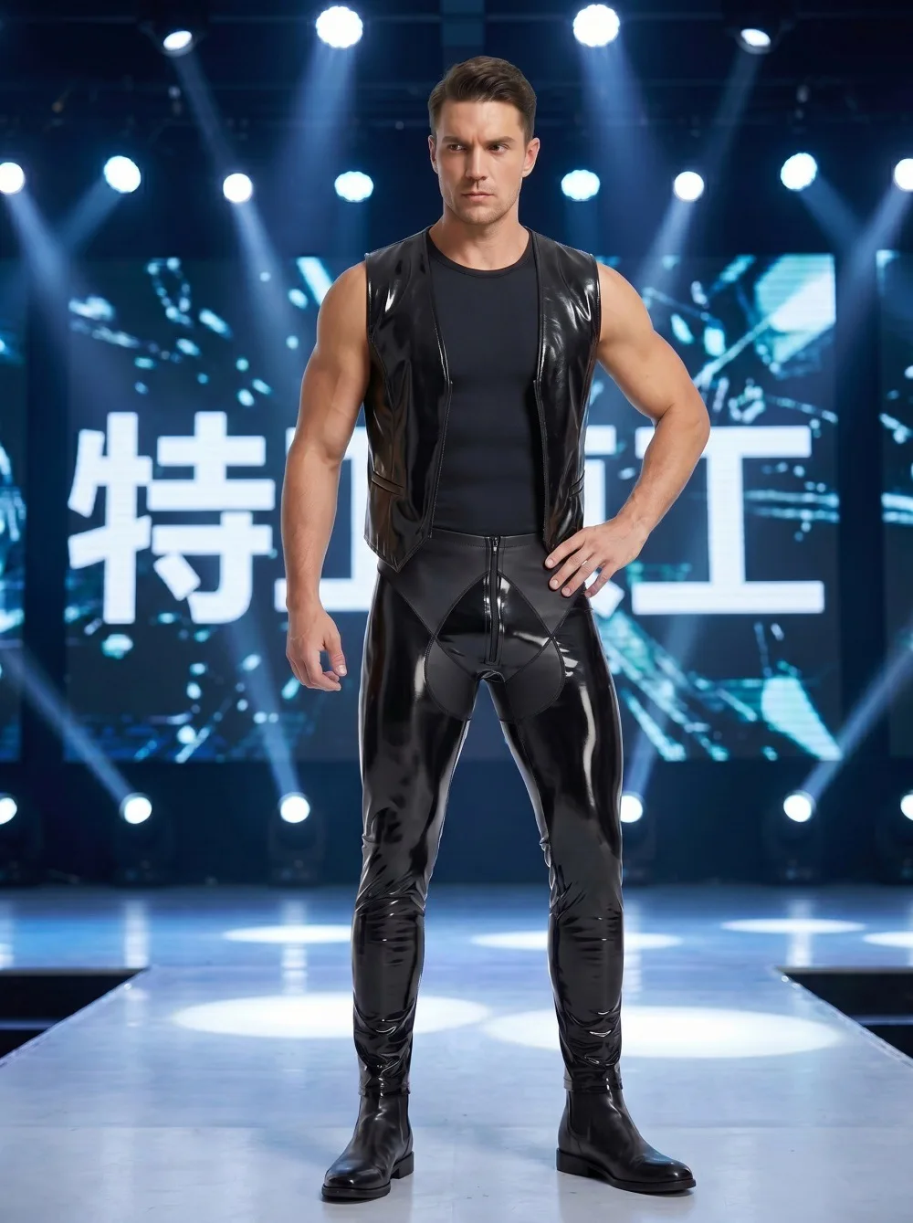 Men's PU Leather Pants Motorcycle-style Stage Show Nightclub Slim Tight-fitting Glossy Stylish