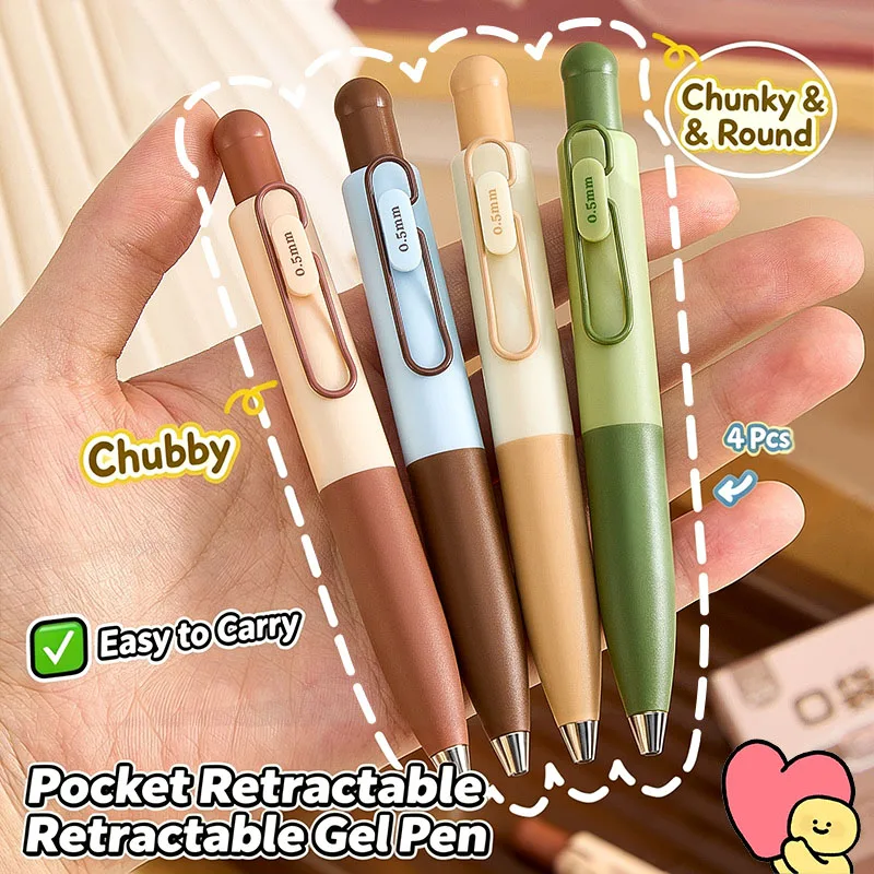 Short Pocket Pen, Rounded and Chunky Body, Morandi Color Scheme, Metal Pen Clip, 0.5mm Black Ink, for Student and Office Writing