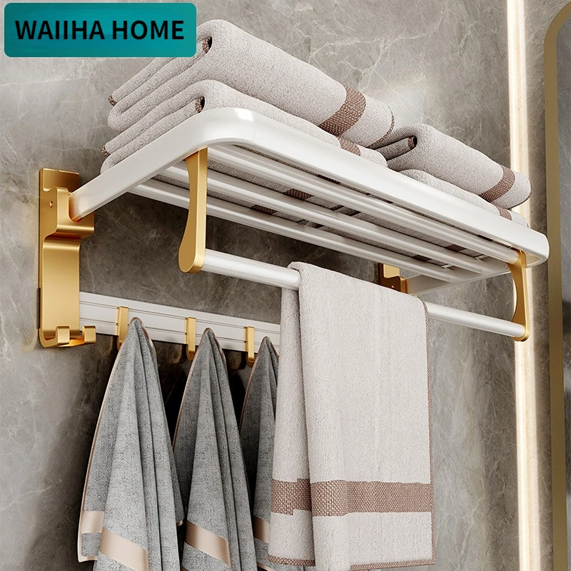 Bathroom Towel Rack Holder Shower Organizer Hanger Wall Fold Hook Bath White Gold Aluminum Storage Shelf Bathroom Accessories