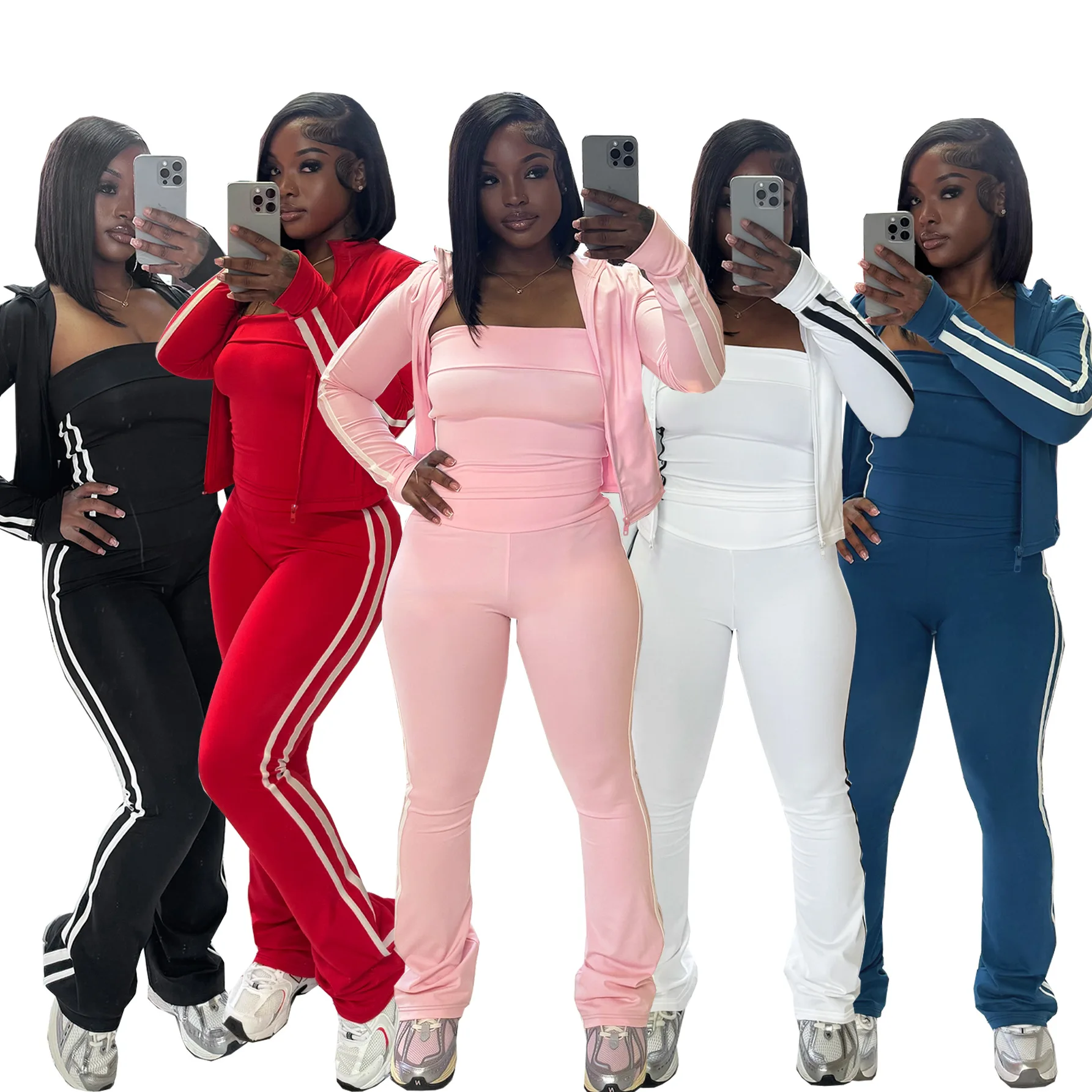 

Women Set Spring Summer Striped Cardigan Crop Tube Top Sweatshirt And High Waist Pants Casual 3 Pieces Set Yoga Wear Tracksuits