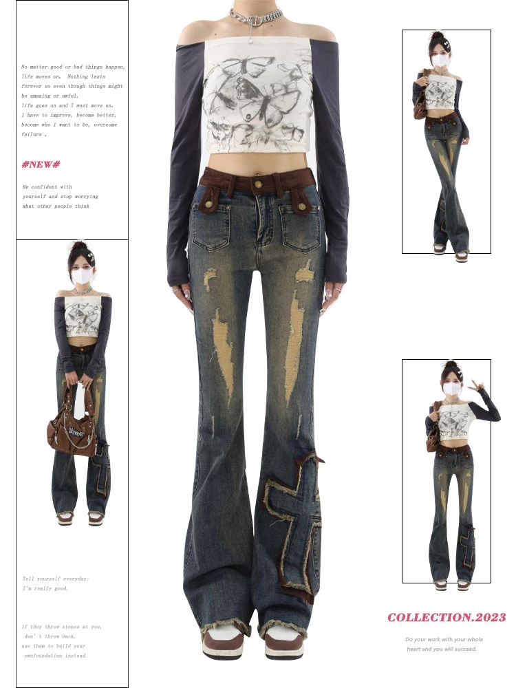 2023 Women Vintage Blue Ripped Flare Jeans Y2k Wide Leg Denim Pants 90s Aesthetic Baggy High Waist Jeans Korean Trousers Clothes