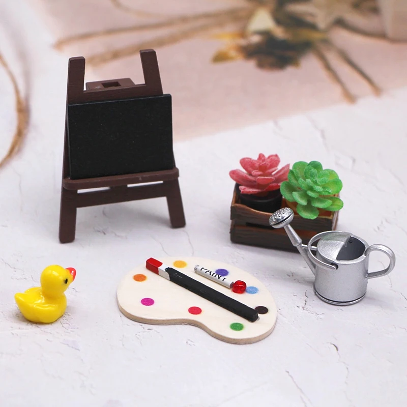 

1Set 1:12 Dollhouse Miniature Painting Easel Palette Storage Box Potted Plant Kettle DIY Dolls Outdoor Drawing Scene Decor Toy