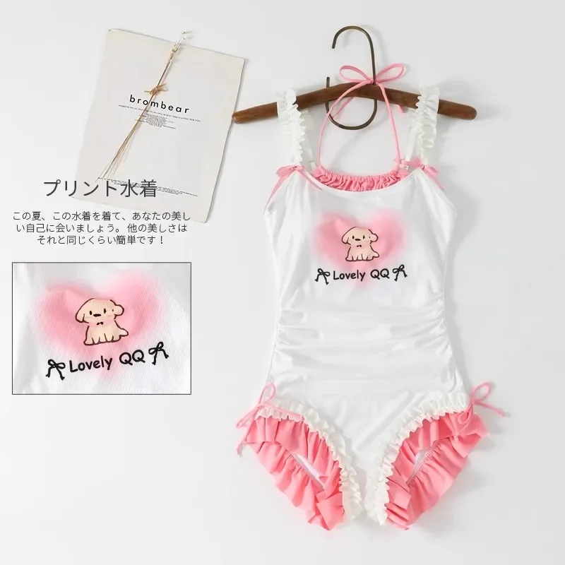 Ruffle Halter Vest ชุดว่ายน้ําบิกินี่ One Piece Monokini Push Up ใหม่ Sweet Lolita ชุดว่ายน้ําเบาะชายหาดว่ายน้ํา