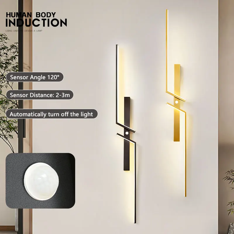 Indoor indução LED parede luzes, quarto, cabeceira, PIR Motion Sensor, parede lâmpadas, Wall Sconce para corredor, corredor, preto, ouro