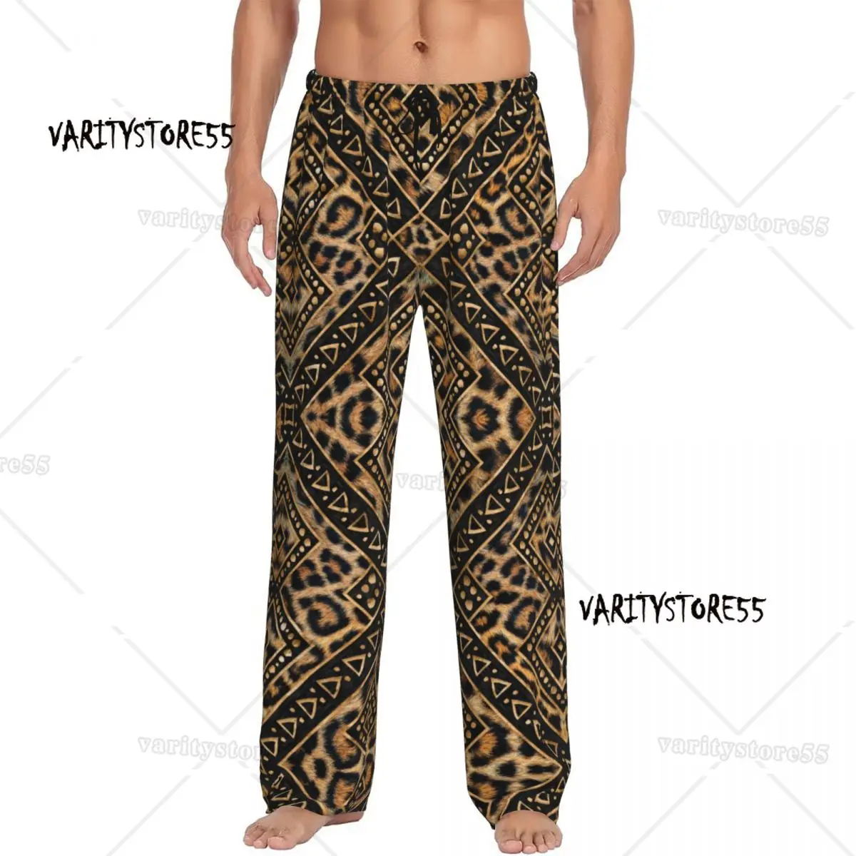 

Custom Print Leopard Fur Ethnic Tribal Geometric Ornaments Pajama Pants for Men Texture Sleep Sleepwear Bottoms with Pockets