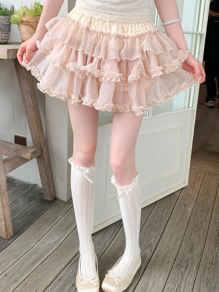 Jupe trapèze taille haute pour filles, jupe gâteau à la mode, mignonne dentelle épissure rose, jupes courtes de princesse polyvalentes rajeunissantes, été