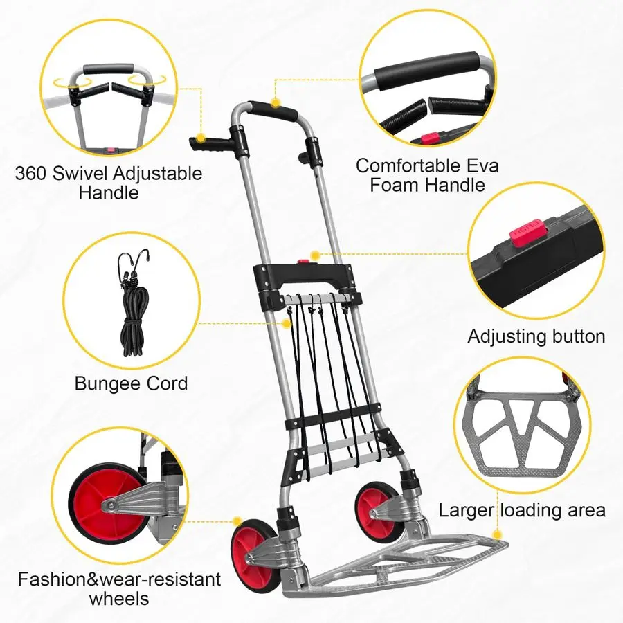 عربة دوللي للشاحنة اليدوية القابلة للطي LBS، إطار محور ألومنيوم مطور، عربة دوللي ألومنيوم محمولة بمقبض دوار وحبل مرن