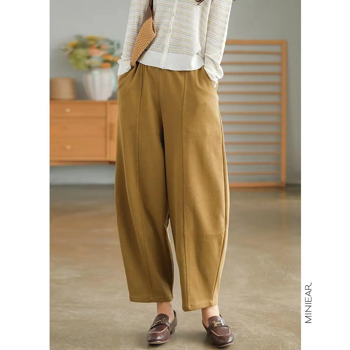 Spring And Autumn New Cotton Haren Pants Women's Sports And Leisure 9-minute Pants Elastic Waist Loose Casual Pants