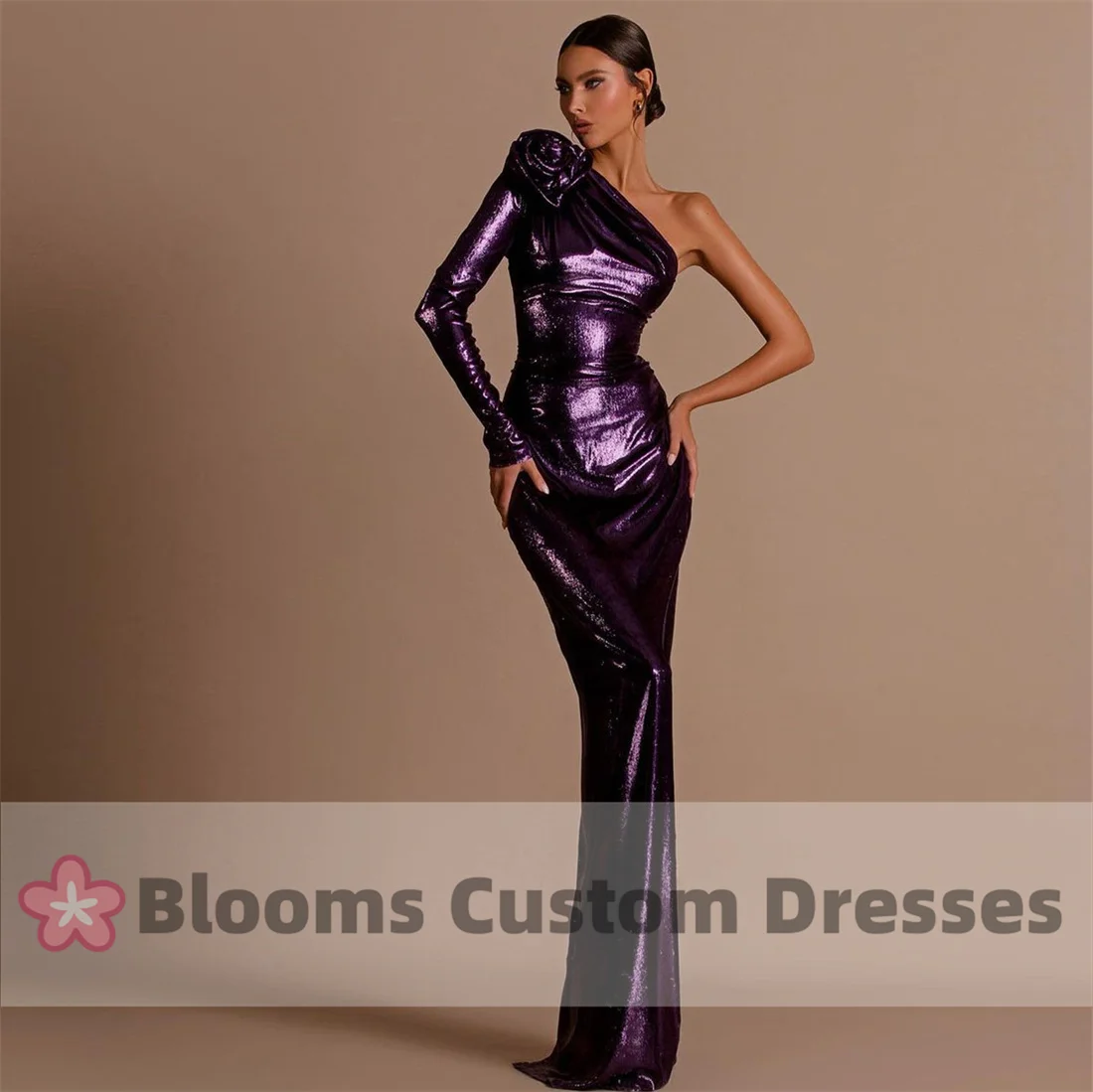 

Blooms Glitter Purple One-Shoulder Evening Dresses Handmade Flower Sheath Formal Occasion Special Wedding Guest Party Gown