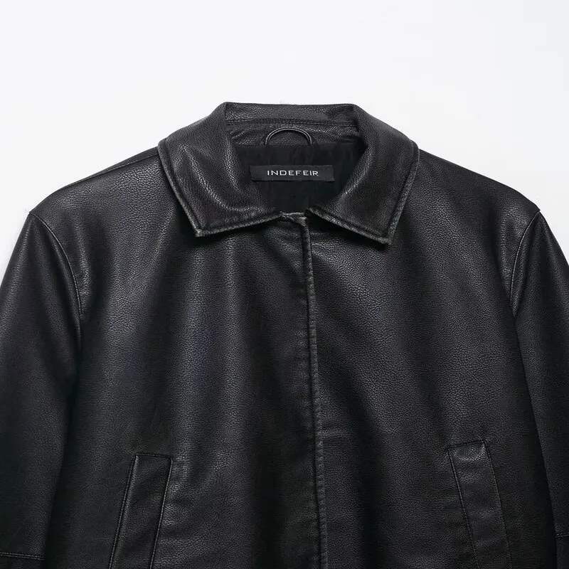 Kedatangan Baru Musim Gugur 2025 Jaket Luar Wanita Model Longgar Bahan Kulit Imitasi untuk Kerja, Kancing Panjang, Panjang Reguler