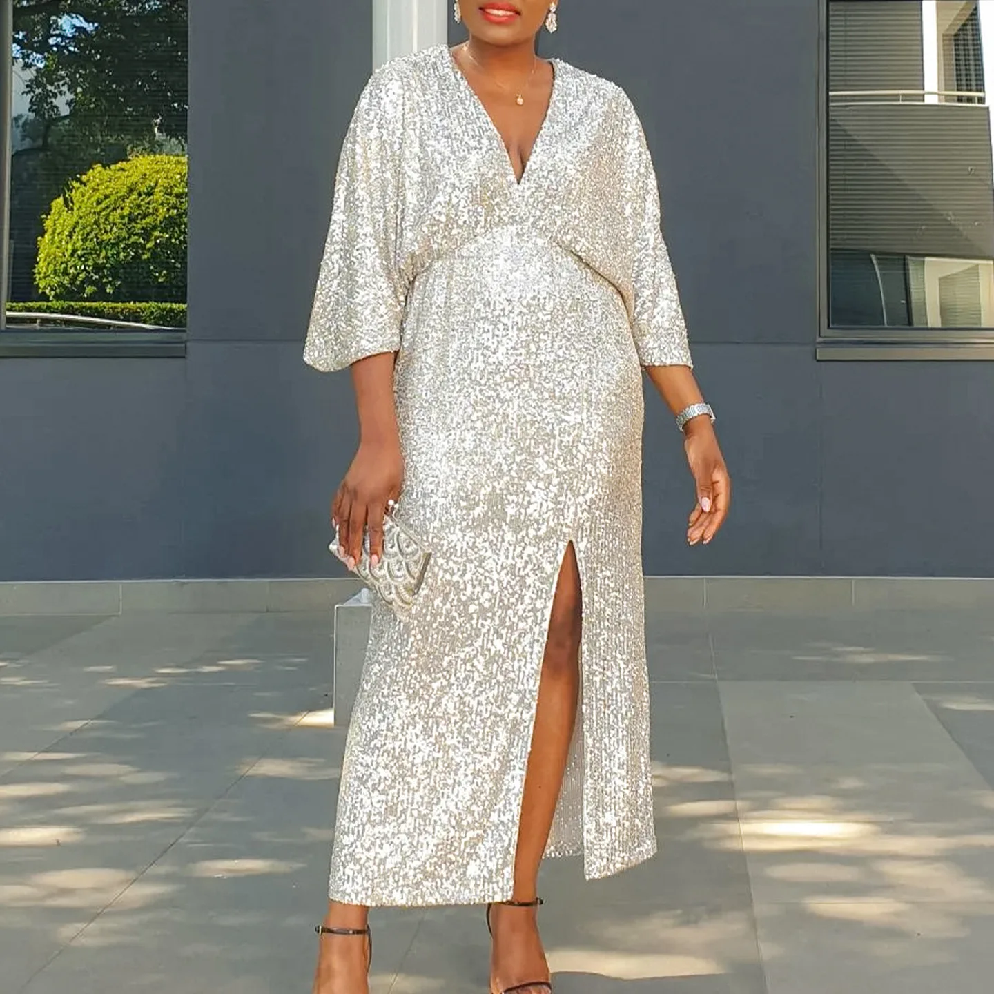 

Plus Size Women's Autumn New Item Loose V-neck Fashionable Sequin Slit Long Skirt Plus Size Dress