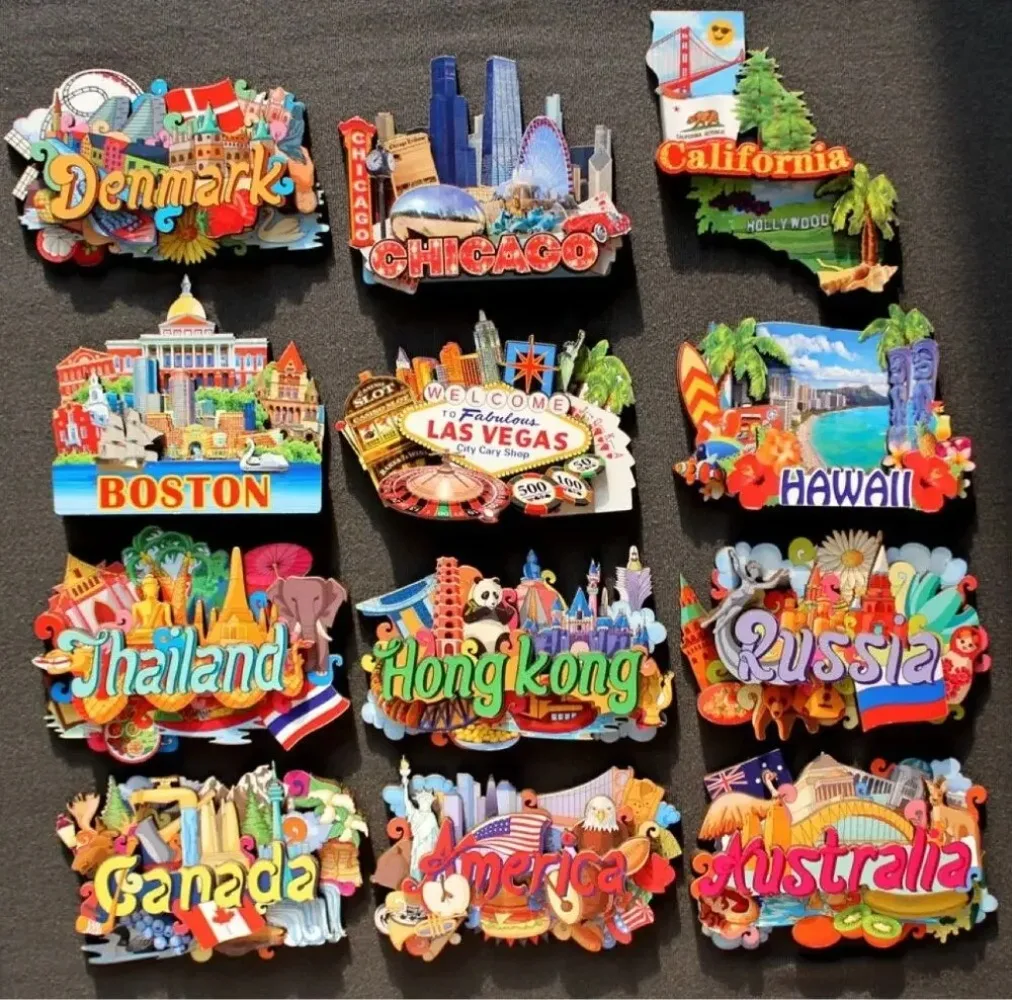 

World Travel Wooden Fridge Magnets Australia Denmark Canada Thailand China Travel Souvenirs for Home Decor