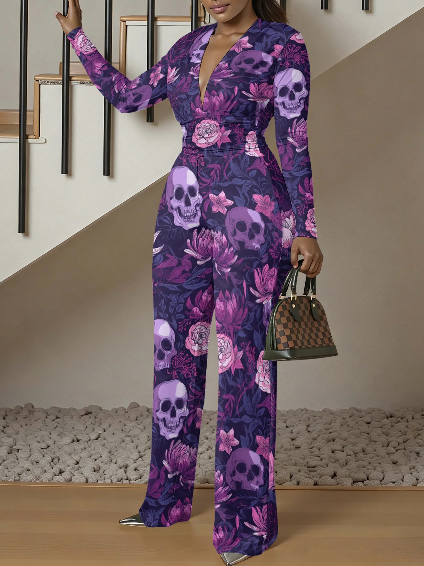 Macacão justo de manga comprida com decote em V, ideal para o outono, feminino, elástico, peça única, para a primavera, roupa de rua de luxo, para fes