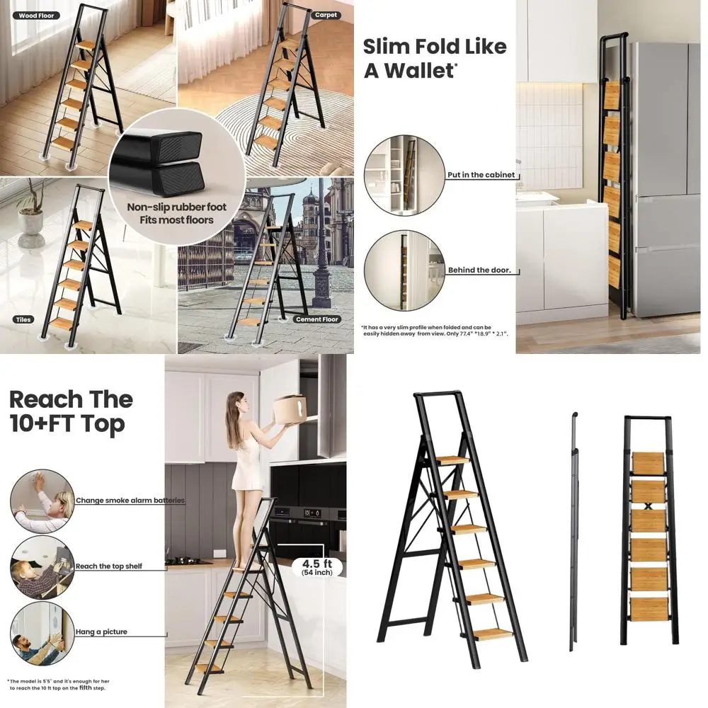 

Портативная складная алюминиевая лестница на 12 футов с противоскользящими ступеньками, рукояткой и емкостью 300 фунтов для домашнего использования — черное и деревянное зерно