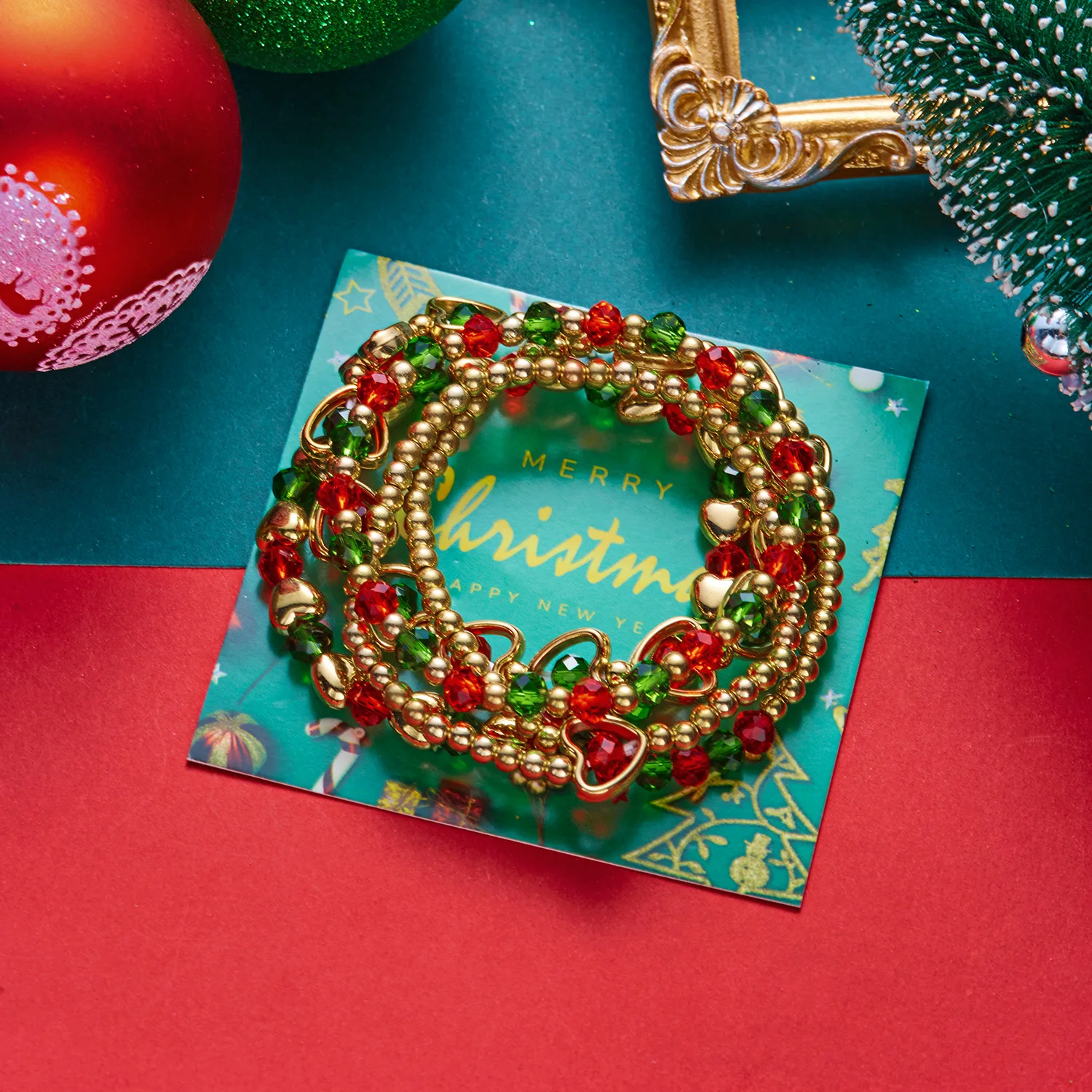 Weihnachtliches Mehrschichtiges Armband-Set mit Bunten Acrylperlen für Frauen, Niedliche Weihnachtsmann- und Schneemann-Anhänger, Weihnachtsparty-Schmuck – Detail 7