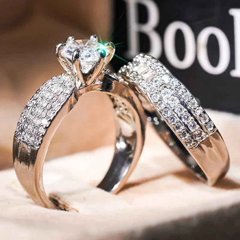 Huaya مشرق زركونيا زوج من 2 قطعة مجموعات خواتم للزوجين المشاركة خاتم كلاسيكي موضة جديدة المد الملحقات