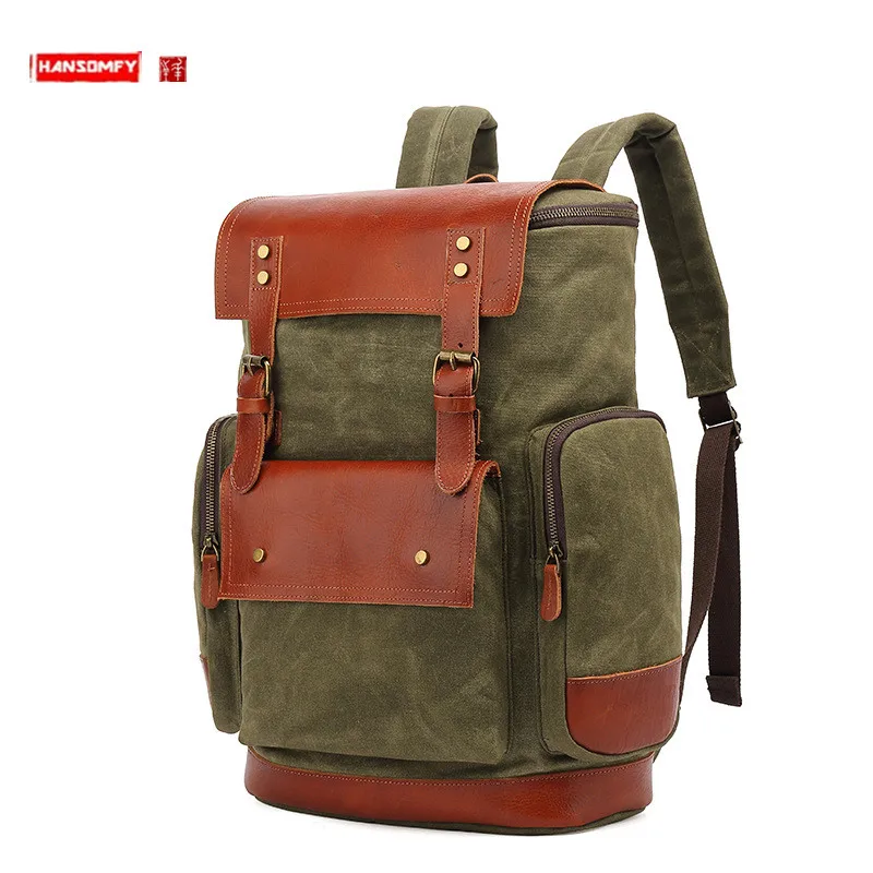 

Backpack Men's Women Outdoor Sports Hiking Bag Canvas With Leather Laptop Travel Backpack Student Schoolbag First Layer Cowhide