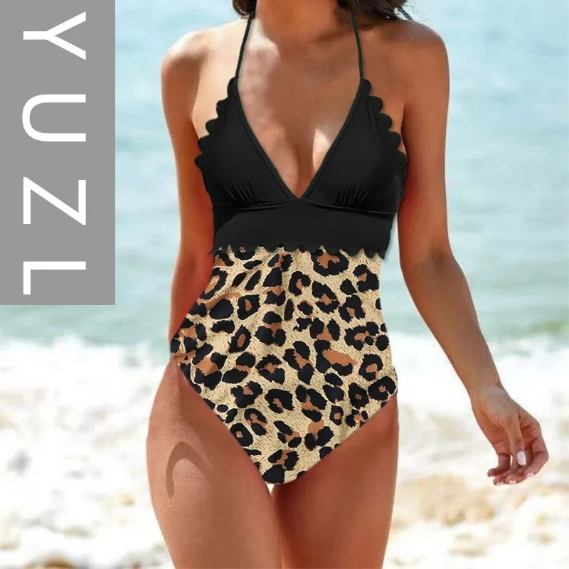 

YUZL One-piece bikini sexy printed plant lace tight belly and thin 2025 new