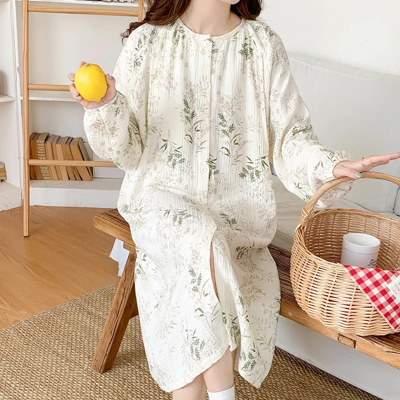 

100% Cotton Double Gauze Nursing Night Dress for Maternity Long Sleeve Floral Print Robe Sleepwear Pregnancy Home Hospital Wear